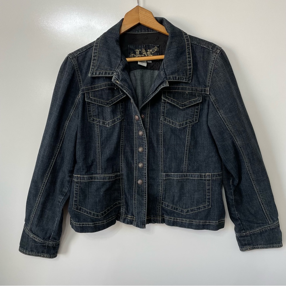 Live a Little Dark Wash Snap Button Jean Jacket, size L